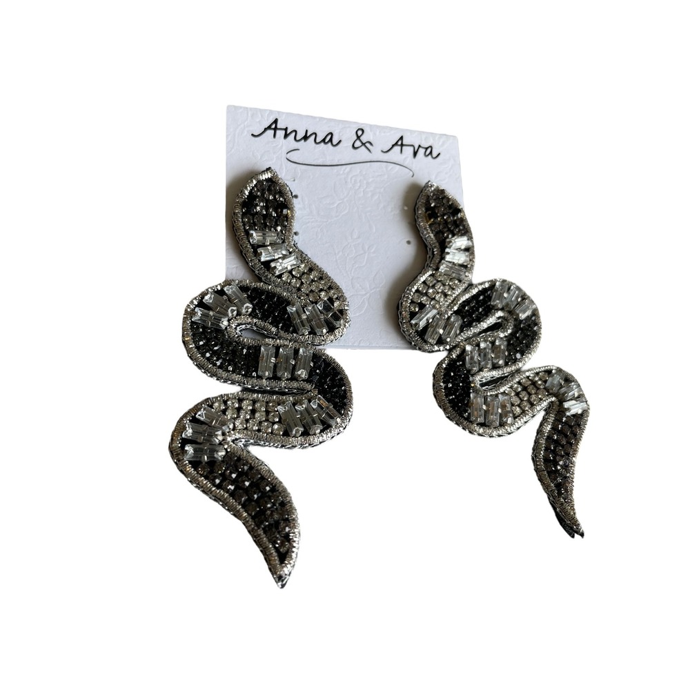 Anna & Ava‎ Snake Dangle Earrings Black Silver Rhinestone Statement